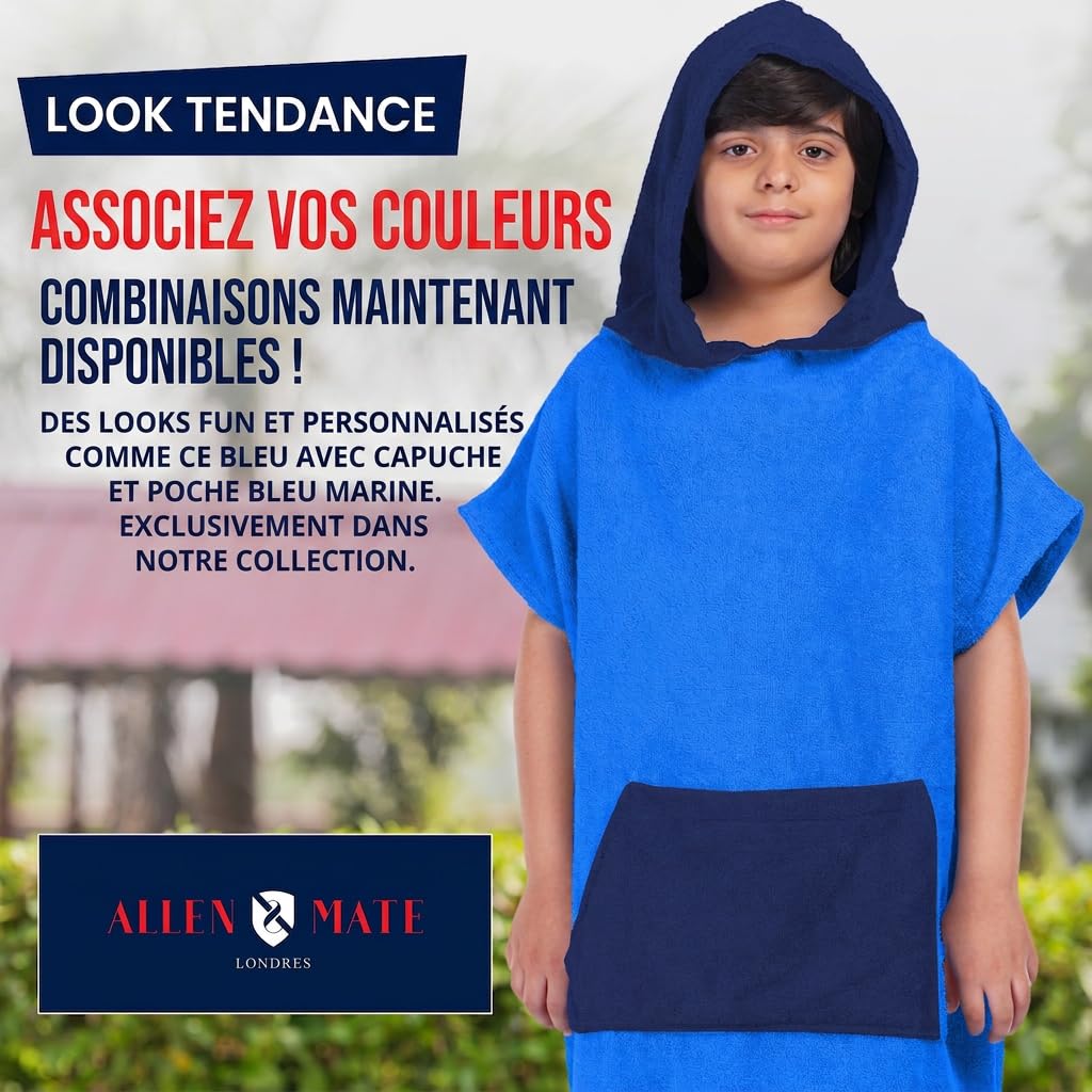 ALLEN & MATE 100% COTON Serviette de plage poncho pour enfants - Peignoir de bain surdimensionné à séchage rapide avec capuche et poche pour garçons et filles