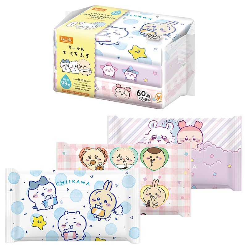 ちいかわ 純水99% 手口ふき 60枚 × 3個 / 汚れをかきとるメッシュ加工/無添加/日本製/ちいかわ ・ ハチワレ ・ うさぎ 3柄ランダムアソート