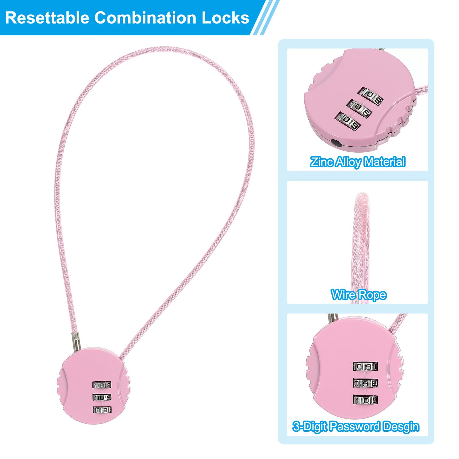 PATIKIL 2 Pack 3 Digit Combination Lock,Round Helmet Padlock Cable Lock Gym Locker Lock with 1.31Ft Flexible Security Steel Lock Wire for Bike Locker Travel Luggage Pink - Image 3