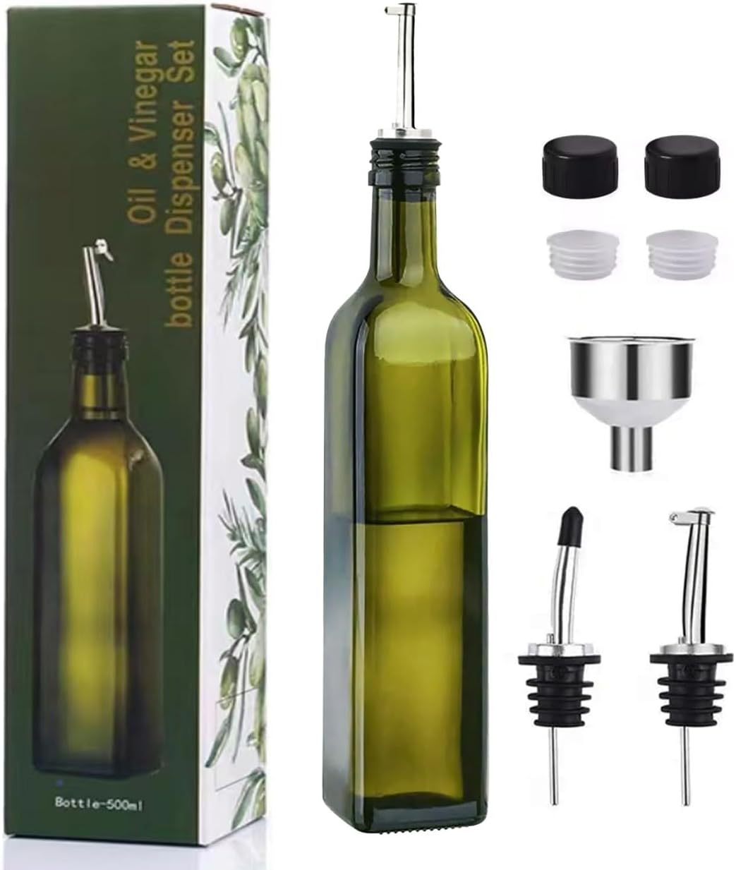 AOZITA 17oz Glass Olive Oil Bottle Dispenser - 500ml Green Oil and Vinegar Cruet with Pourers and Funnel - Olive Oil Carafe Decanter for Kitchen