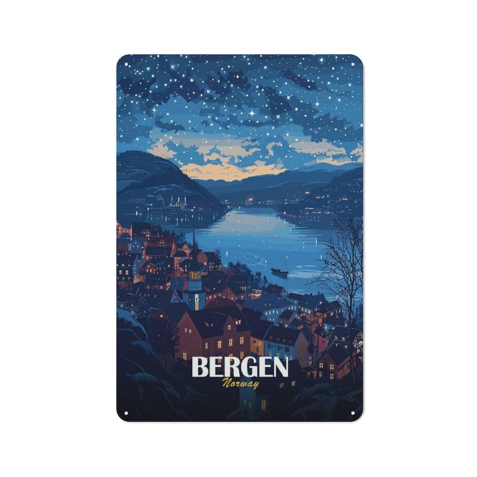 Vintage Bergen, Norway Nightscape Illustration Metal Wall Art Sign 30x20cm, Old Style Wall Plaque for Bedroom, Office, Home Bar Or Dining Room