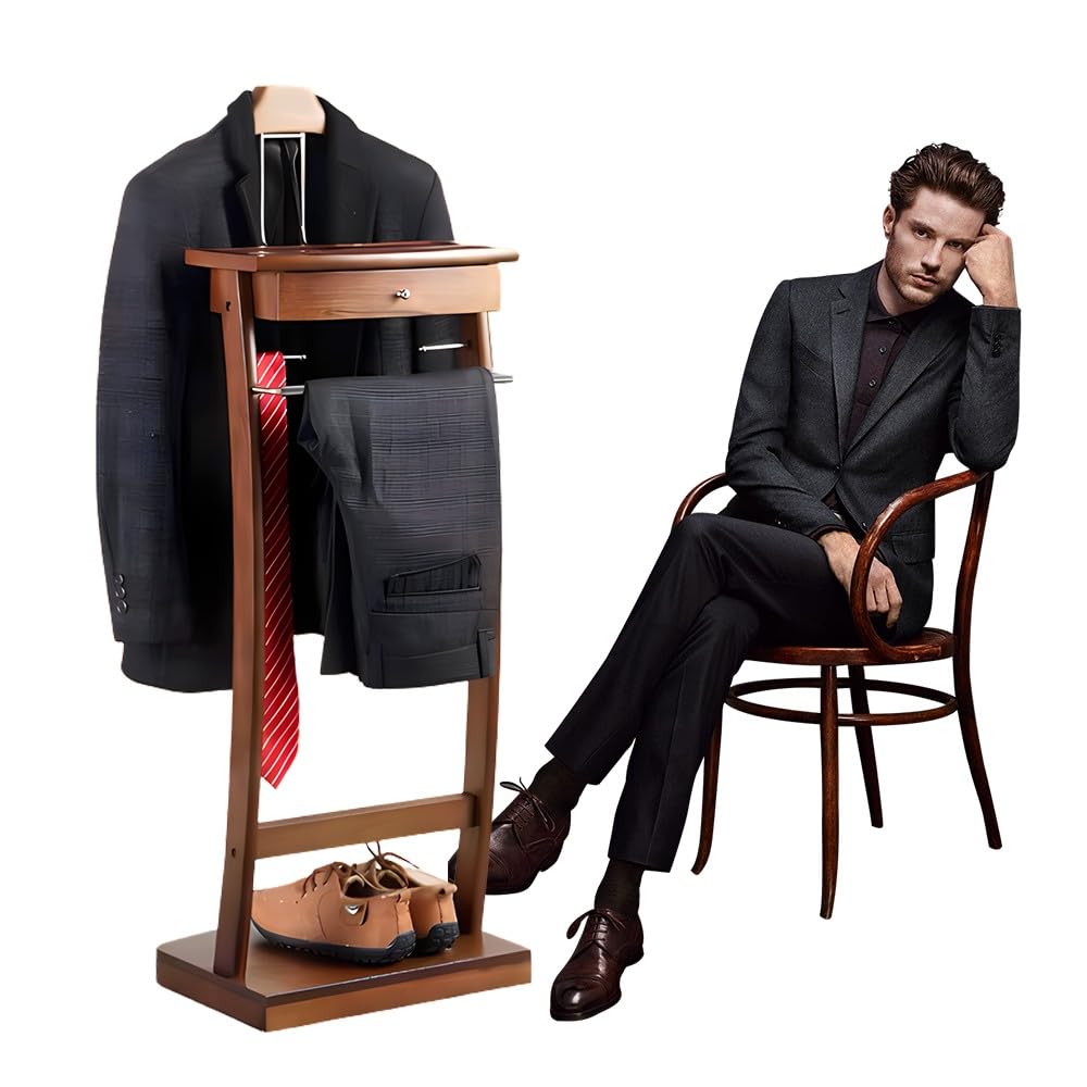 Servomuto con pantaloni e cravatte, in legno massello, appendiabiti da pavimento con cassetto e vassoio, per ufficio, camera da letto, bagno