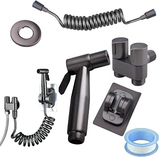Grifo Bidet para WC Bidet Kit Edelstahl Ducha Higienica mit Soporte Tubo de Resorte Adhesivo Pulverizador de Válvula de Doble Control Para Inodoro Ducha de Mano Para Baños y Aseos