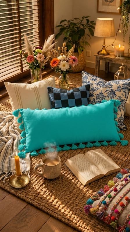 Image of WWW.THROWPILLOW.IN Caribbean Blue Green Big FullerTassels Trim Throw Pillow Cover, Solid Decorative Coastal Chic Accent Pillow for Sofa, Bed, Dorm Room Rectangular Full Body Bed Pillow 12x36 Inches