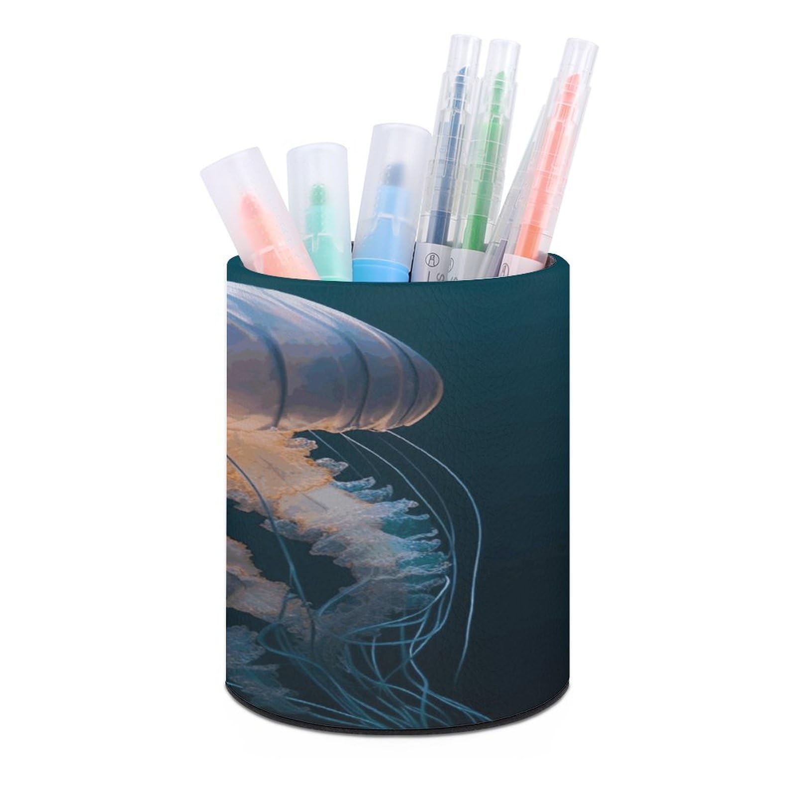 FekiLoot Round Leather Pen Holder - Multipurpose Desk Organizer, Modern Pencil Cup, Jellyfish Pencil Holder, Unique Makeup Brush Holders for Office Home Supplies & Gifts