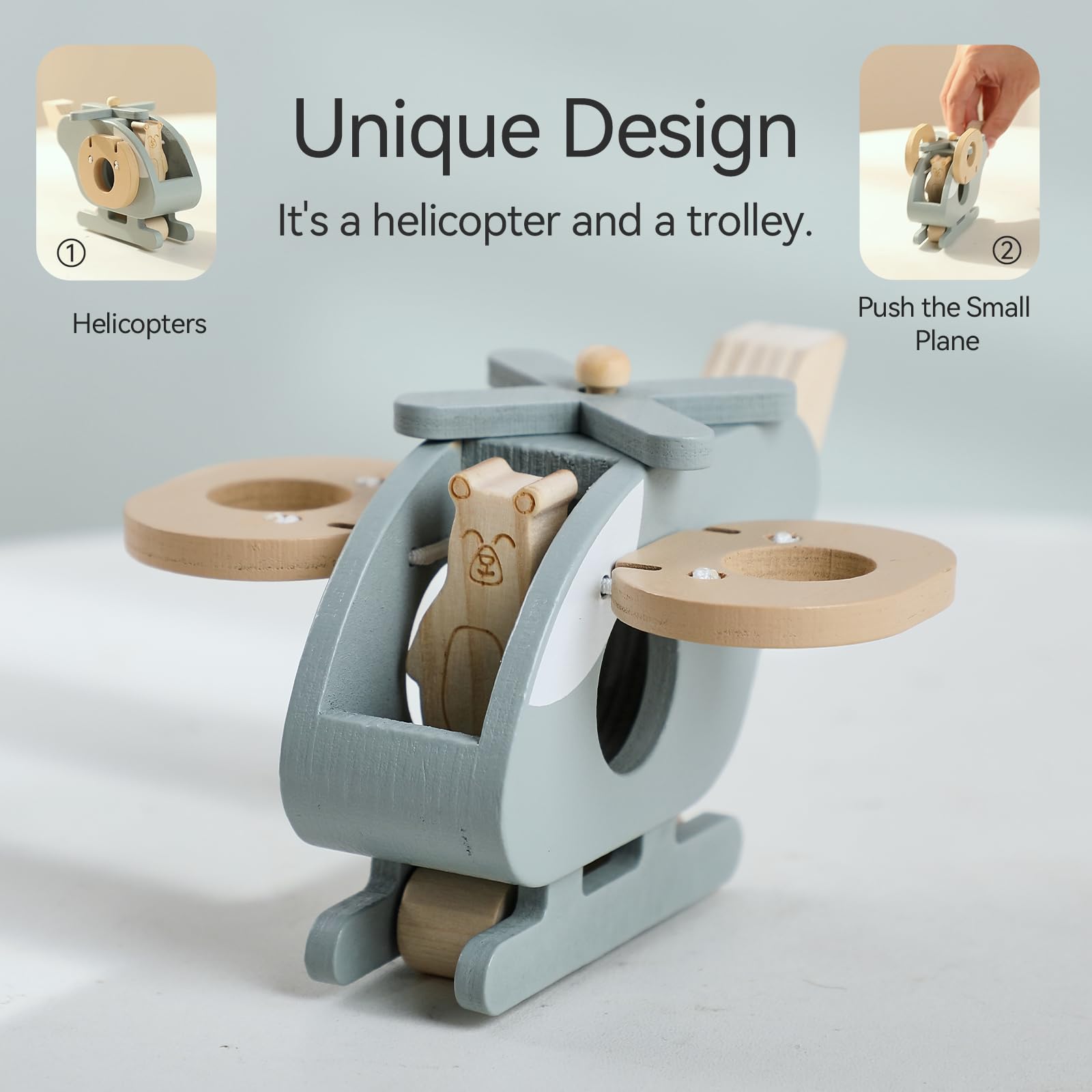 Juego de juguetes de avión de madera para niños pequeños, juego de vehículos de transporte aéreo con coche de empuje para bebé, juguete Montessori para regalo de bebé 3