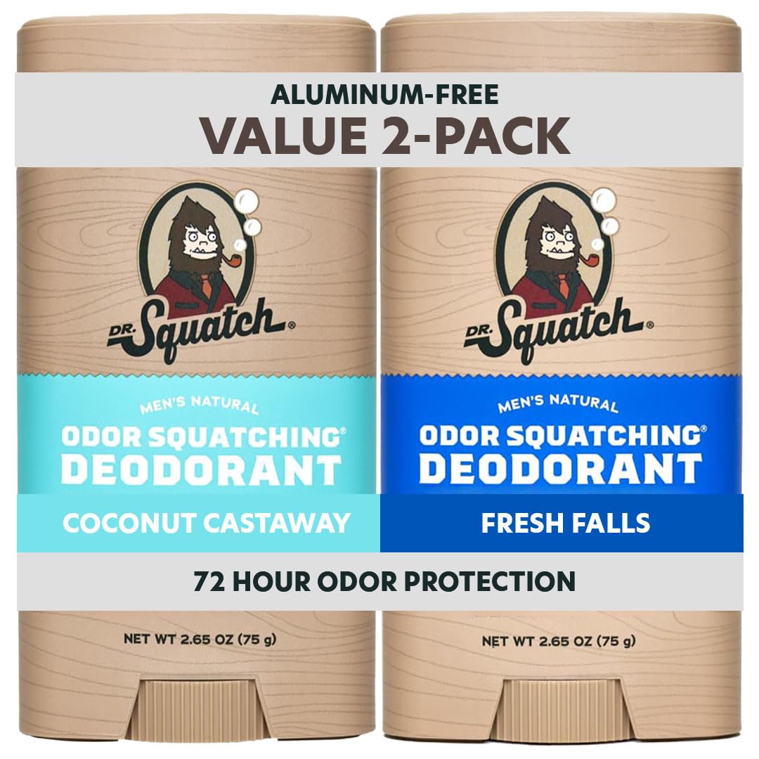 - Dr. Squatch Natural Men’s Deodorant – Aluminum Free Natural Deodorant Men with Charcoal & Postbiotics for 72-Hour Odor Protection – Coconut Castaway + Fresh Falls, 2.65oz Stick (2-Pack)