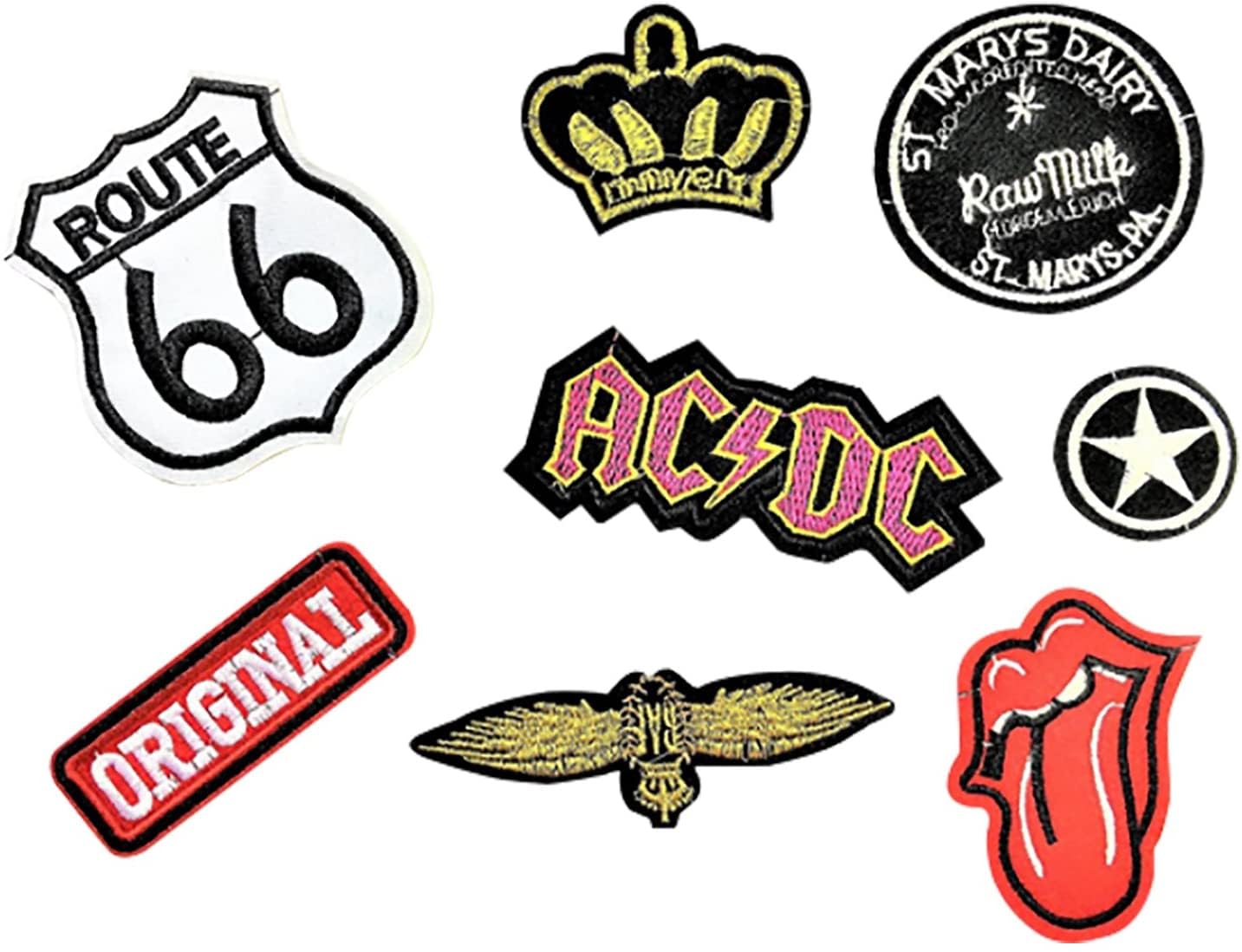 GenerischPatch / Iron-On Patch, Pack of 8, Clothes Patch, AC/DC, Route 66, Tongue, Original, Star, and More