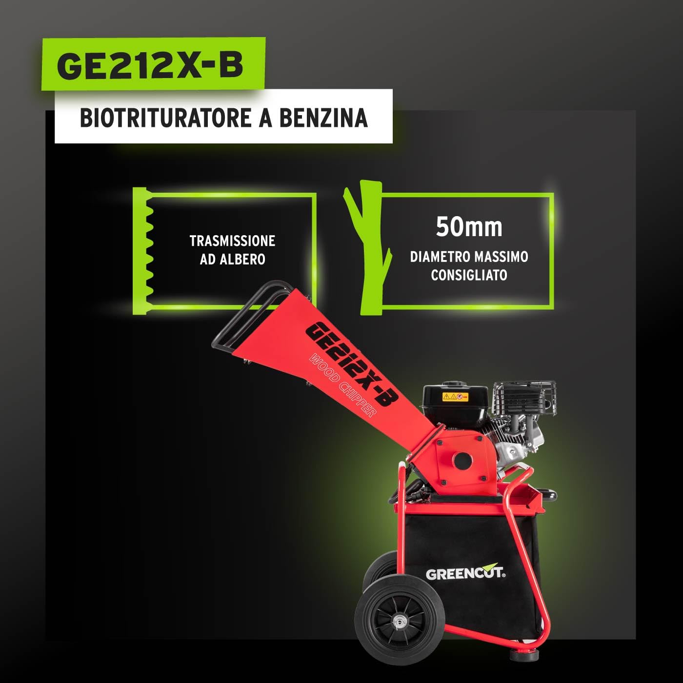 GREENCUT GE212X-B - Trituratore a benzina 212cc 7cv, tritura rami fino a 50 mm, include sacco da 64 L, con ruote e maniglia per il trasporto, rosso