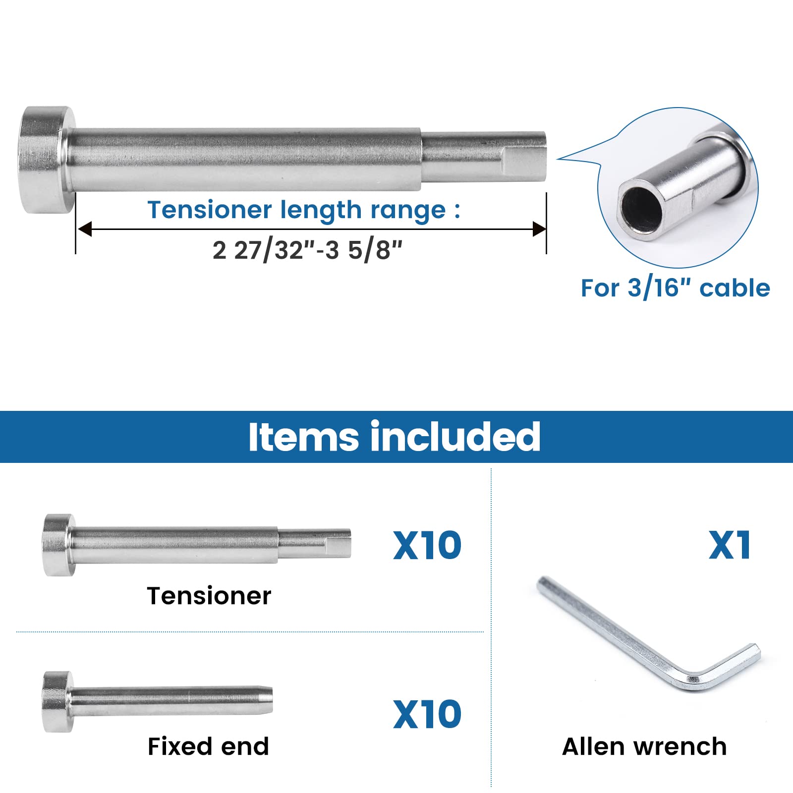 Muzata Kit per ringhiera per cavi invisibili, tenditore da 3/16", 10 paia di perni filettati con testa esagonale, terminale ricevitore per legno e metallo CR27, serie CA1, CD1, CS1, CD2, CS2, CV1