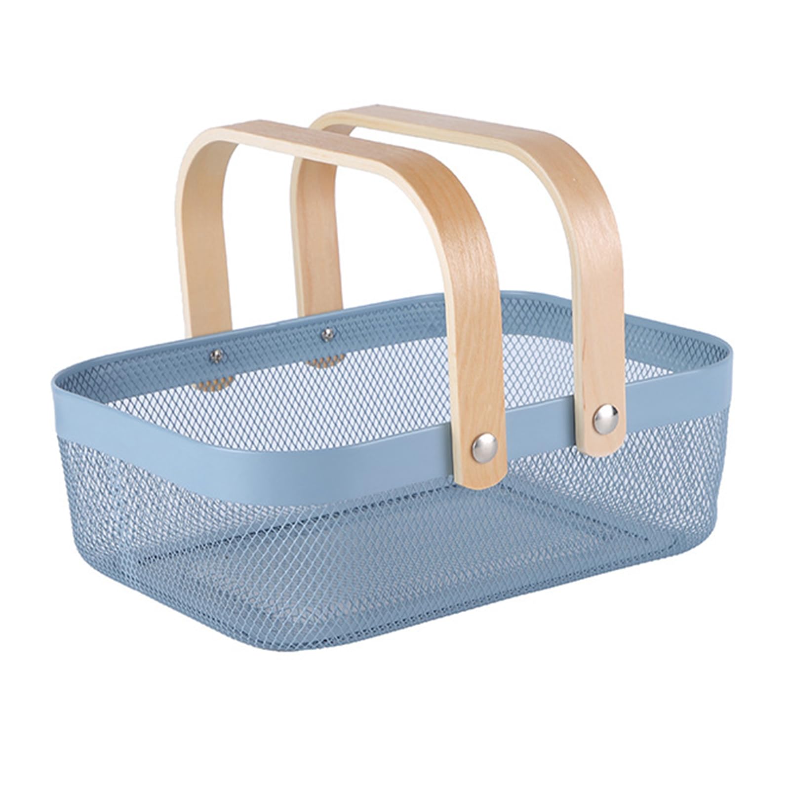 AJIODA Metal Mesh Steel Basket, Storage Organizer Baskets Garden Harvest Basket Multi-functional Kitchen Fruit Baskets Bin with Wooden Handle for