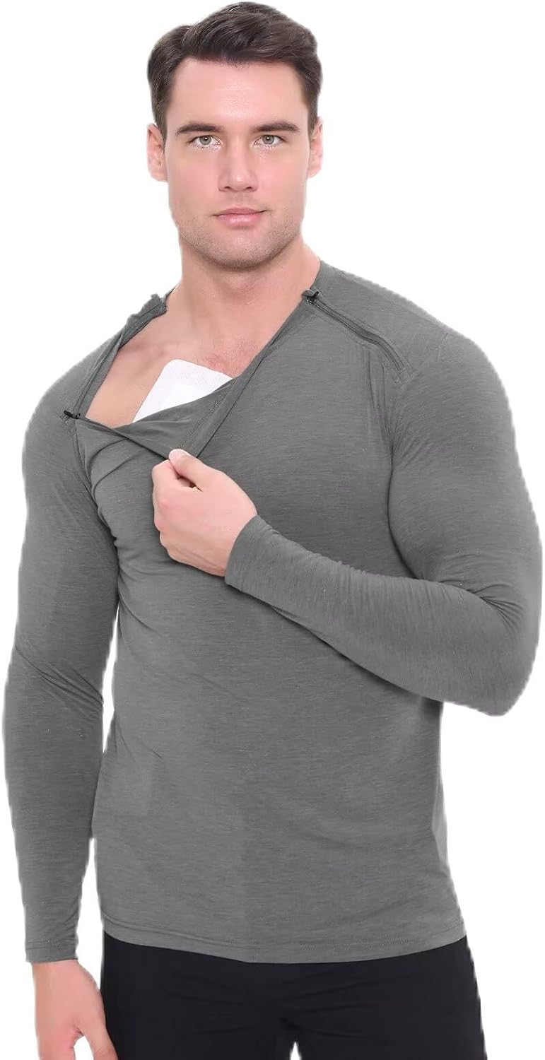 Landofgenie Mens Chemo Port Shirts Post Shoulder Surgery Recovery Shirts Long Sleeve Adaptive Clothes with Zipper