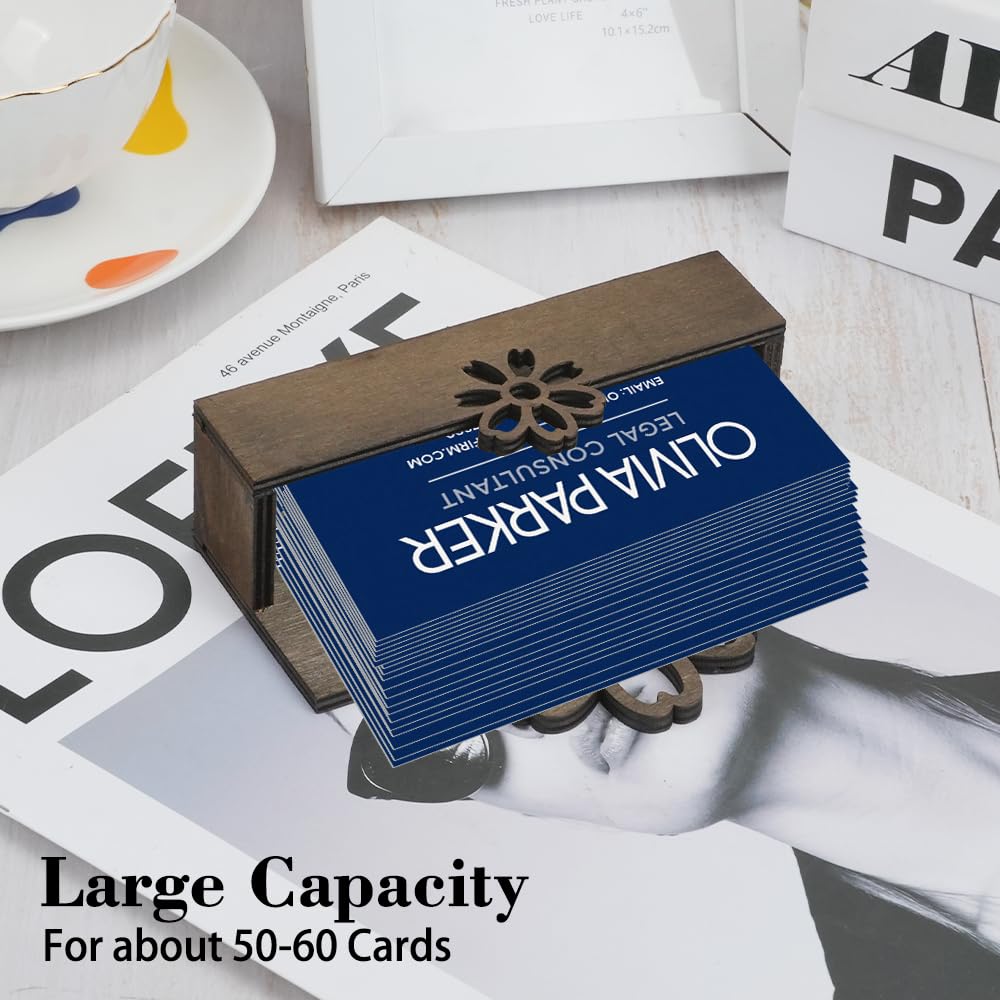 2 soportes para tarjetas de visita con flores para escritorio, soporte de madera para tarjetas de visita, soporte de madera para tarjetas de nombre, organizador de tarjetas de escritorio