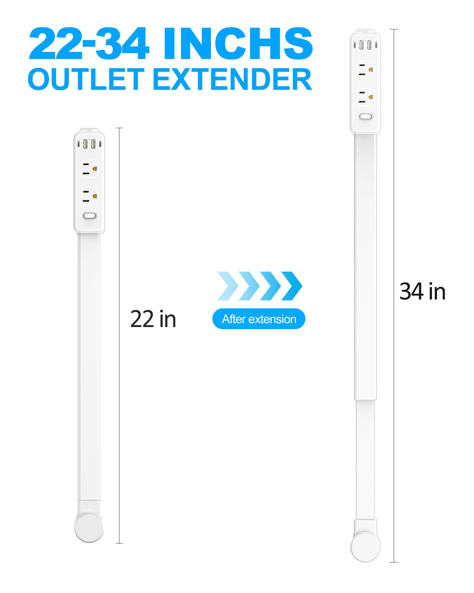 Olcorife Output Extender Bar, Steckdosenleiste mit 6 Steckdosen und 4 USB-Anschlüssen, ausziehbar 55,9 cm - 86,4 cm, 180 ° (90 ° auf der Seite), unverzichtbarer Schlafsaal für Nachttisch/Sofa und