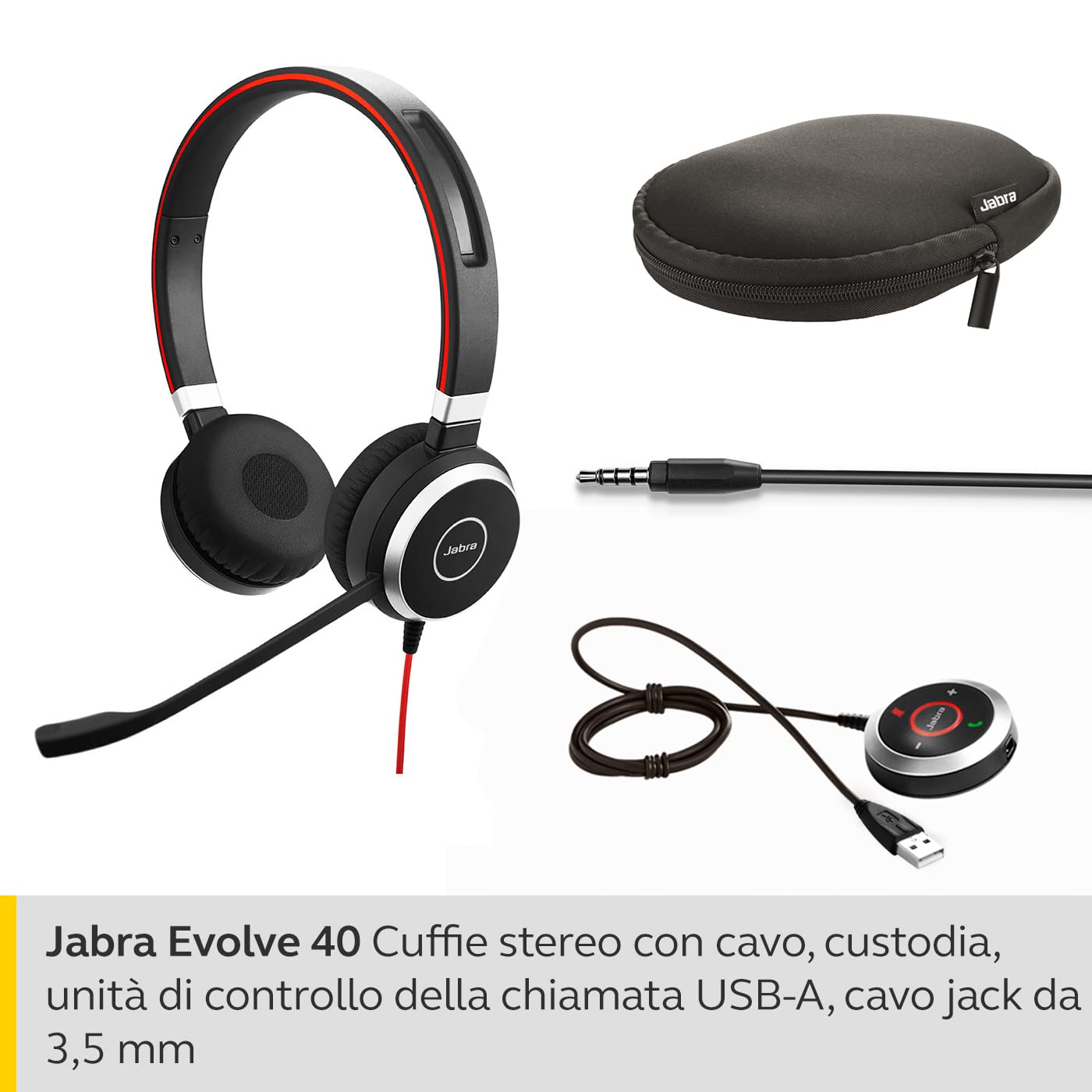 Jabra Evolve 40 MS Cuffie Stereo Cuffie certificate per Microsoft, softphone VoIP e con funzione passiva Noise Cancelling Cavo USB-A con controller Nero