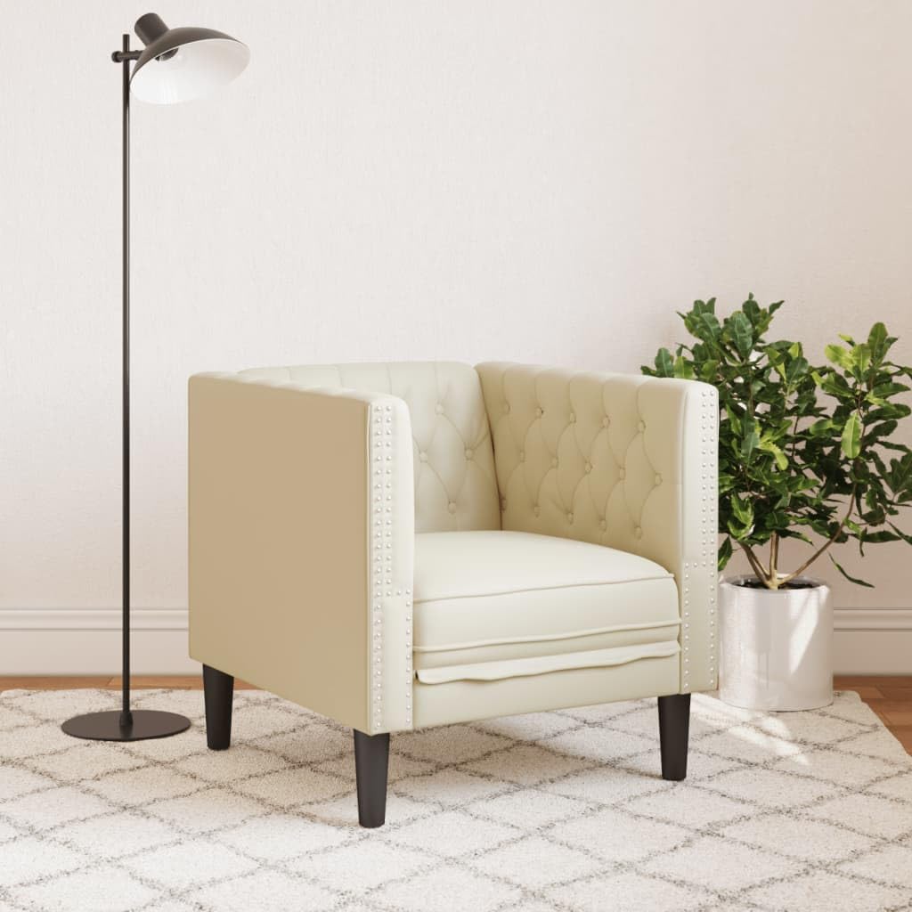 Poltrona Chesterfield in Ecopelle Crema con Rivestimento Capitonné, Sedia Imbottita per Soggiorno e Salotto, Seduta Comoda e Design Classico, Facile da Pulire, Materiale