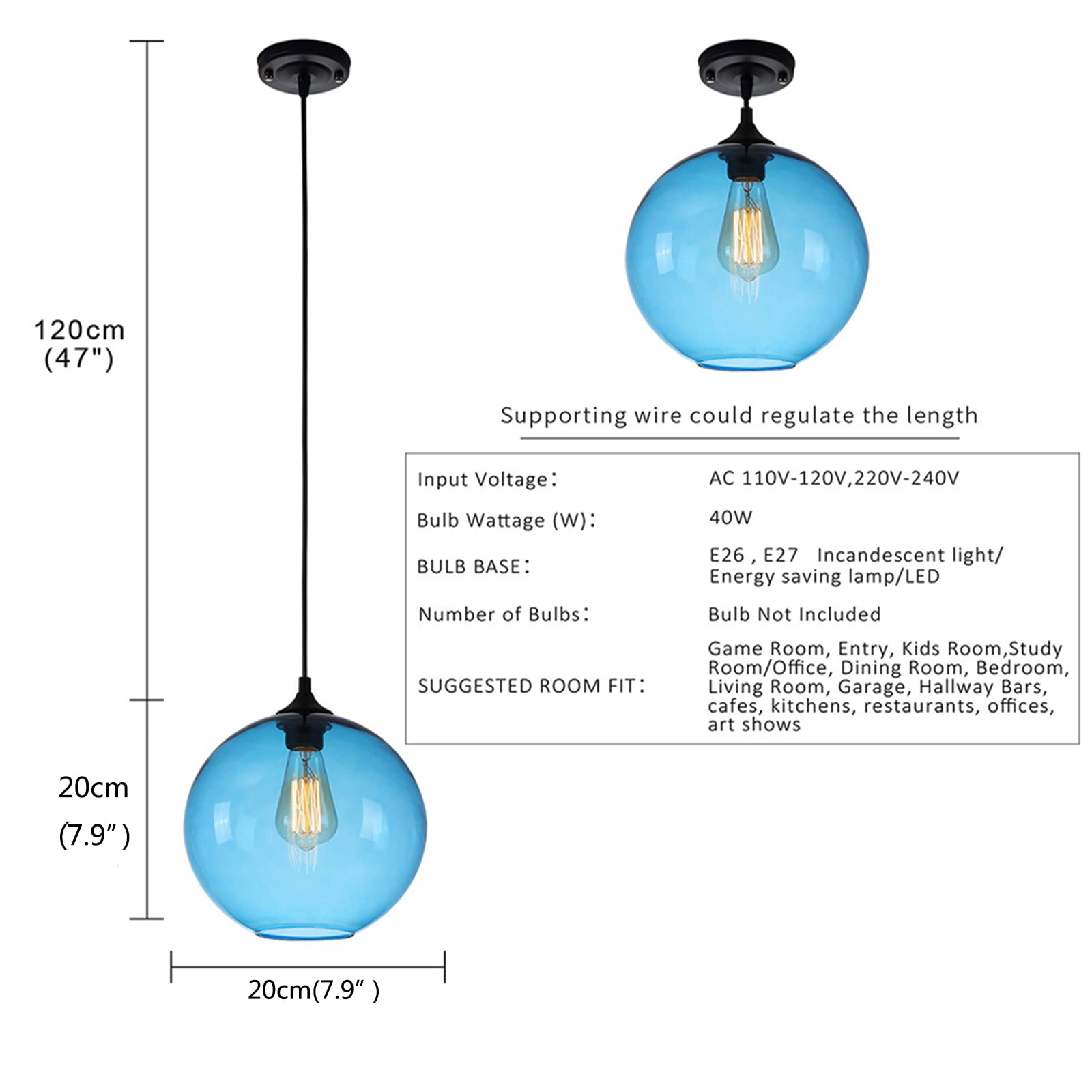 Prosta szklana kula wisząca lampa, Vintage Industrial Globe Sufitowe światło wiszące E27 Loft Bar do kuchni, jadalni, sypialni (czerwony)