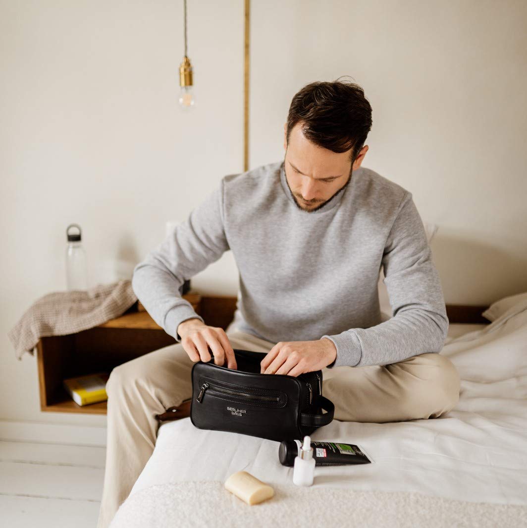 Berliner Bags MAX Neceser de Piel Auténtica con Dos Compartimentos, Bolso de Aseo Grande para Hombre y Mujer, Ideal para Viajes, con Cremallera YKK y Forro Impermeable – Negro