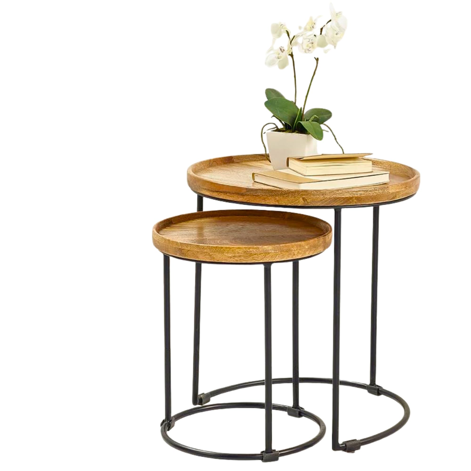 Deligno Mart Nesting End Tables Set of 3, Round Wood Top with Metal Frame, 40.6 cm, Dark Brown and Black-image-12