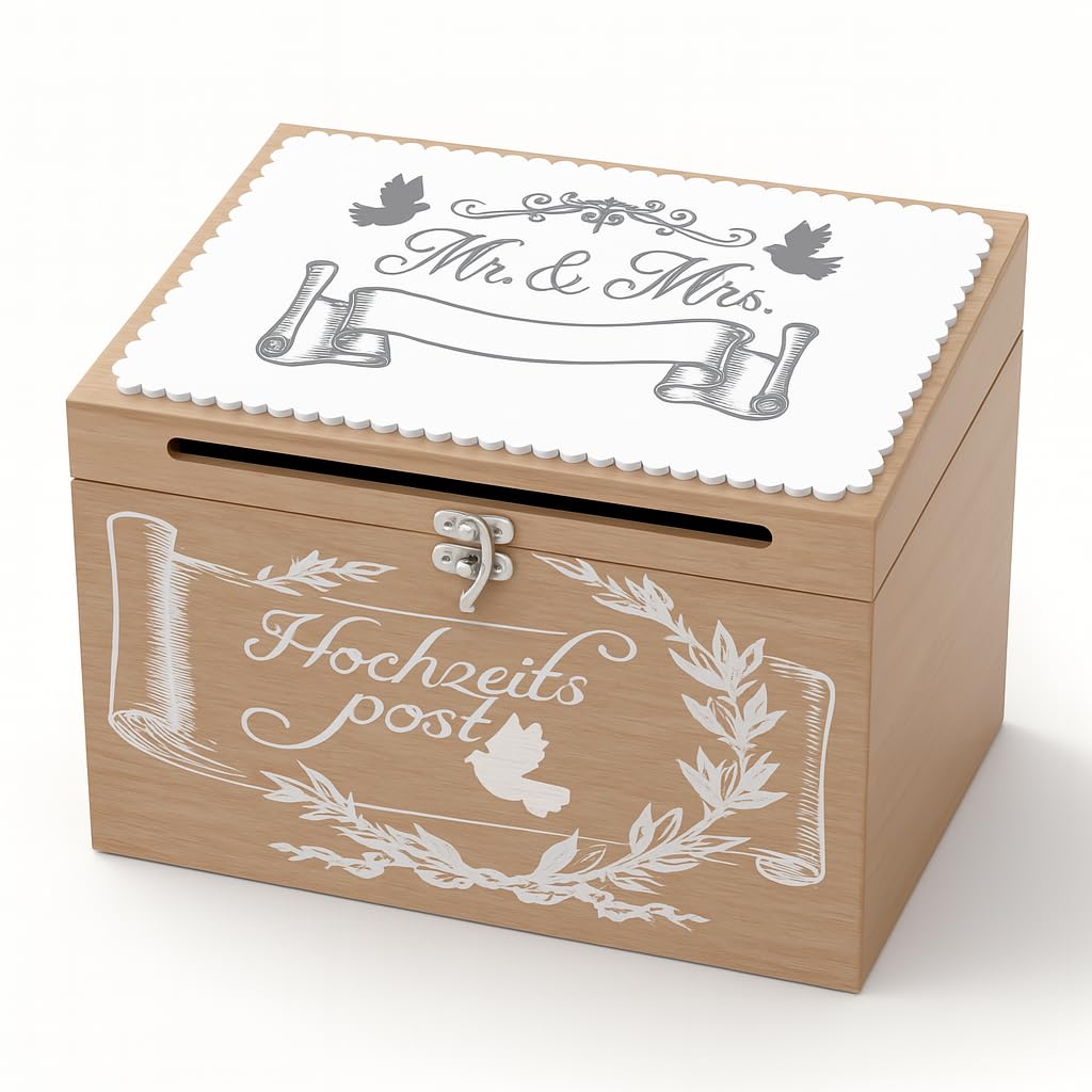 MIJOMA Hochzeitsbriefkasten aus Holz – Kartenbox für Geldgeschenke & Glückwünsche – Hochzeitspost Box mit Schlitz & Schloss – Dekoration & Erinnerungsbox für das Brautpaar