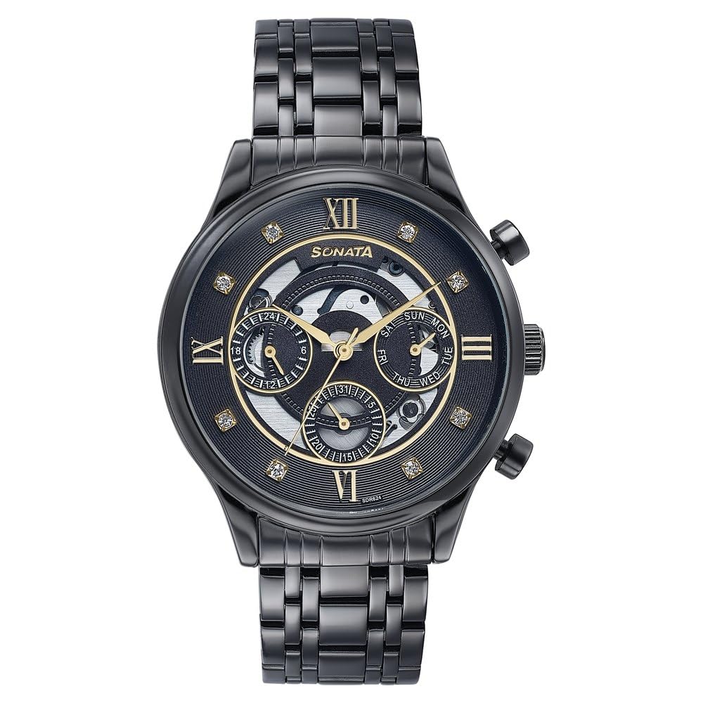 wedding edit quartz multifunction black dial stainless steel strap watch for men