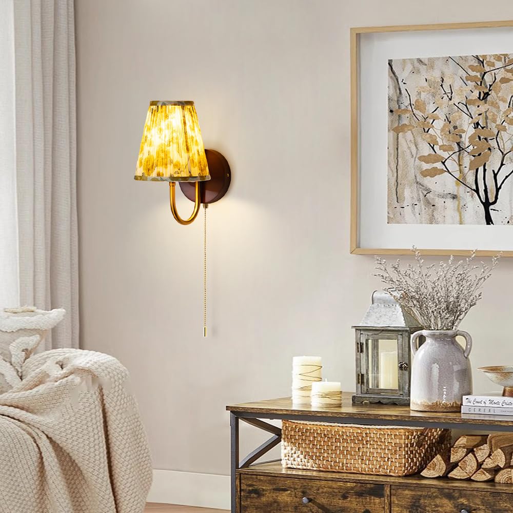 Gold Sconces Wall Lighting Rose Pattern Fabric Lampshade Traditional Wall Lamp, Wooden Bedside Wall Light With Pull Switch, Vintage Wall Light Fixtures for Bedroom Living Room Hallway Entryway