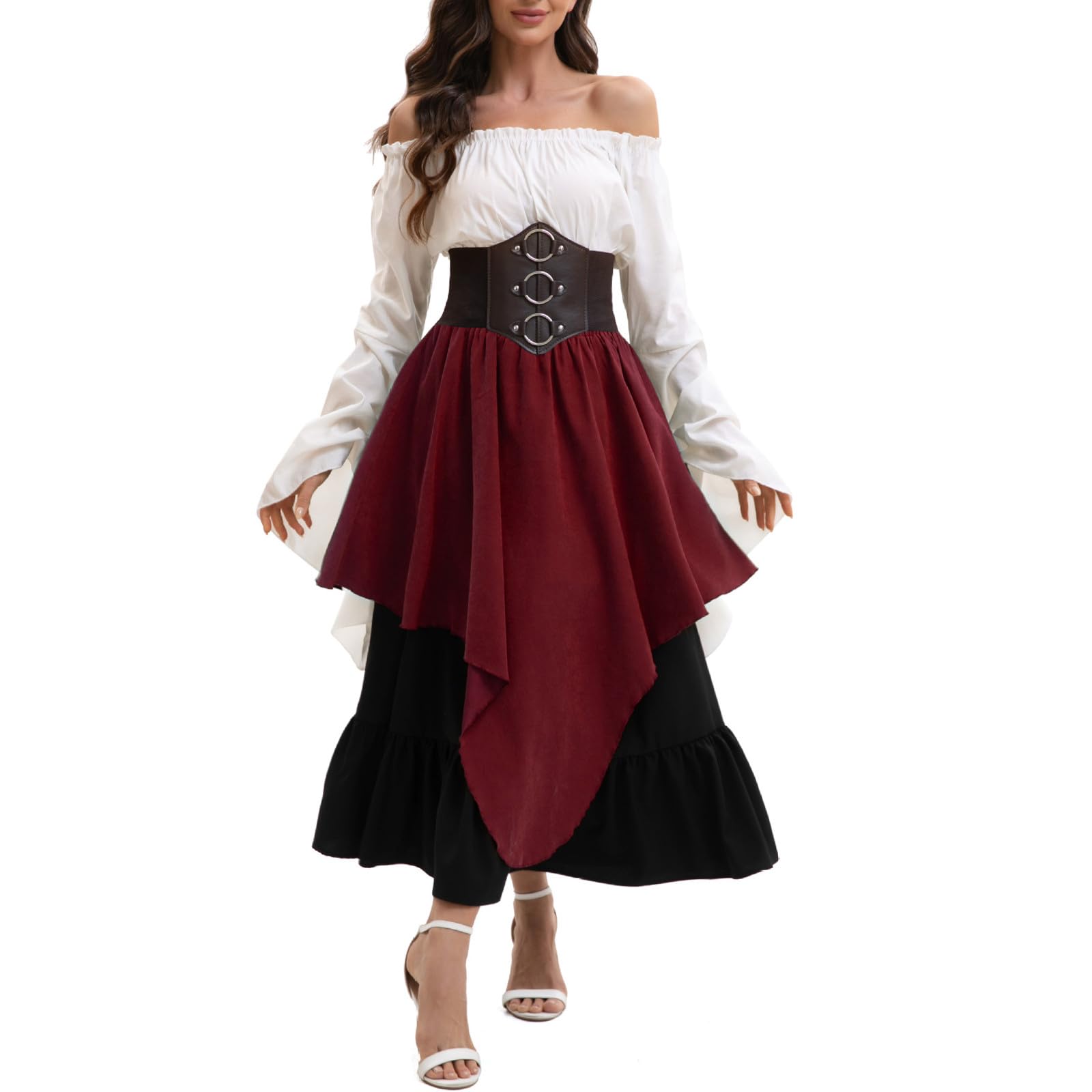 Renaissance Kostüm Damen Mittelalter Kleid Langarm One Shoulder Kleid Maxi | Glockenärmel Gothic Kleidung, Corsagenkleid, Faschingskostüm, Viktorianisches Kostüme, für Cosplay Karneval Halloween