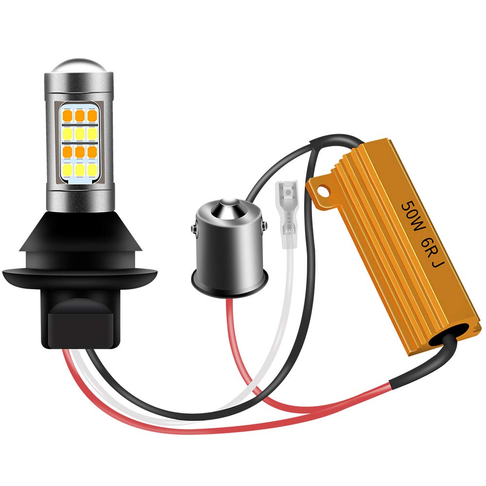 2 szt. żarówki LED 1156 BA15S P21W białe/bursztynowe dwukolorowe przełączane LED światła kierunkowskazów DRL Canbus bez błędów 2835 42 SMD 12V LED z rezystorami obciążenia 50W 6 omów zestaw przewodów