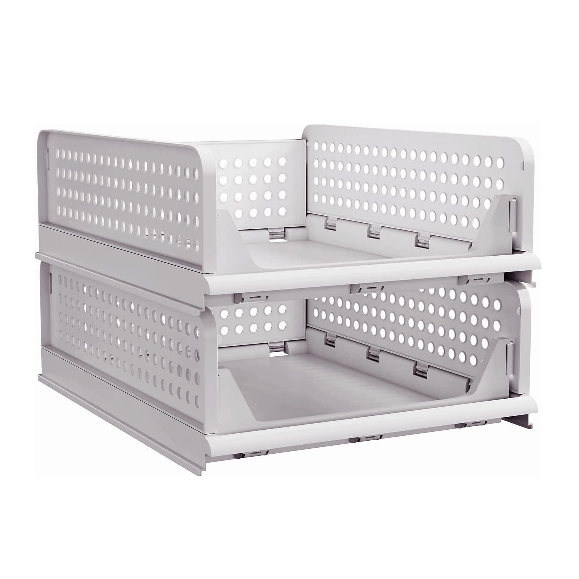 WDPUCHU Stackable Plastic Storage Basket-Foldable Closet Organizers and Storage Bins - Drawer Shelf Storage Container for Wardrobe Cupboard Kitchen Bathroom Office (White Small-2 Pack)