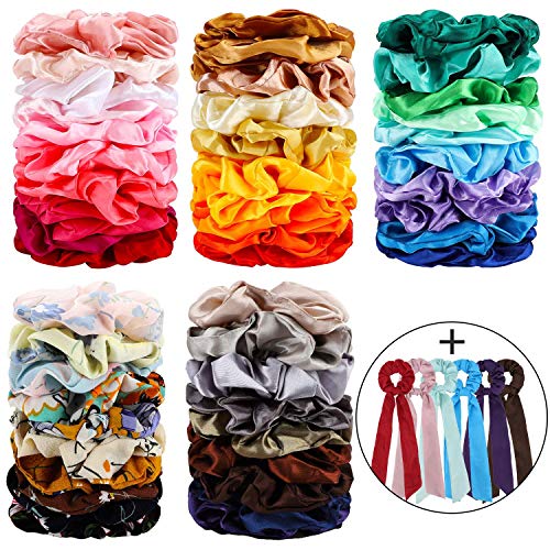 Habbi 56 Pack Hair Scrunchies - 40 Colors Satin Hair Scrunchies, 10 Colors Chiffon Flower Elastic Hair Bands, 6 Colors Ribbon Hair Bands Scrunchy for Women, Girls