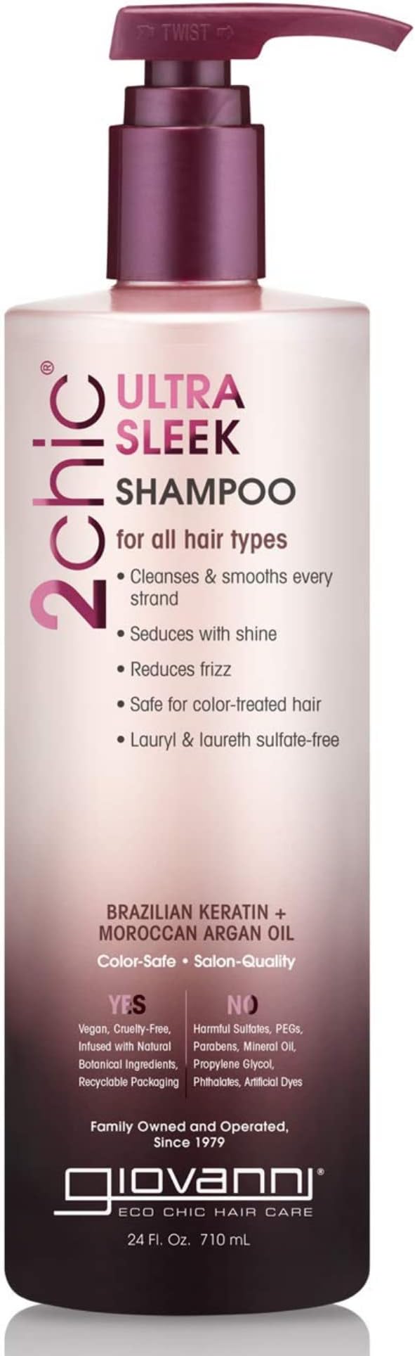 GIOVANNI 2chic Ultra-Sleek Shampoo - Brazilian Phyto-Keratin & Moroccan Argan Oil, Anti-Frizz Formula, Coconut, Shea Butter, Pro-Vitamin B5, Color Safe, Paraben Free - 24 oz