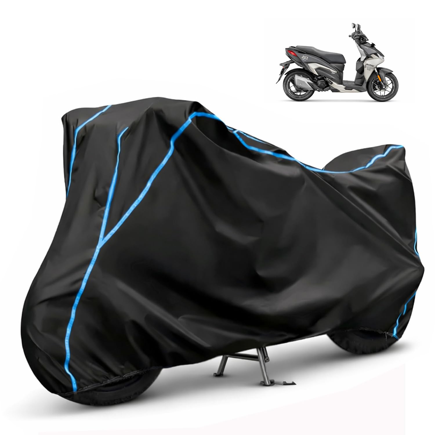Compatible with Hero Xoom 125 Waterproof Two Wheeler Scooter Body Cover Water Resistant, Heavy Duty, UV Rays, Dust & Scratch Protection for All-Modal & Variants (Black,Sky Blue Piping)-image-17