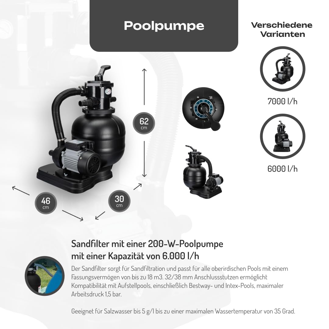 COIL Pompa z filtrem piaskowym, filtr piaskowy z pompą basenową, pompa basenowa, pompa samozasysająca, zawór 7-drożny z manometrem, przyłącze Ø 32/38 mm, maks. ciśnienie robocze 1,5 bar