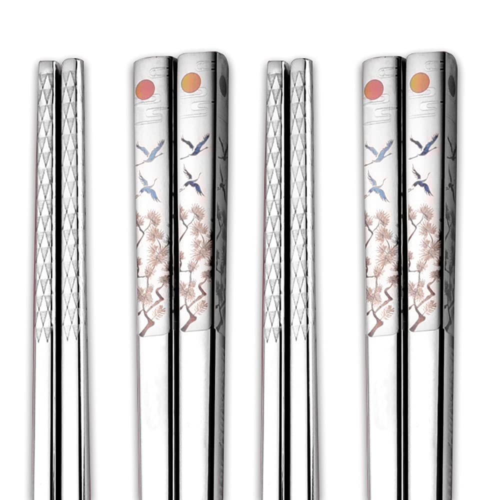 CATHYLIFE Metal Chopsticks, East Asian Ethnic Style Colorful Laser Engraving, Stainless Steel Titanium Plated, Dishwasher Safe, Chinese Japanese Korean Oriental Gifts, 2 Pair with Gift Bag Set.(Pine)