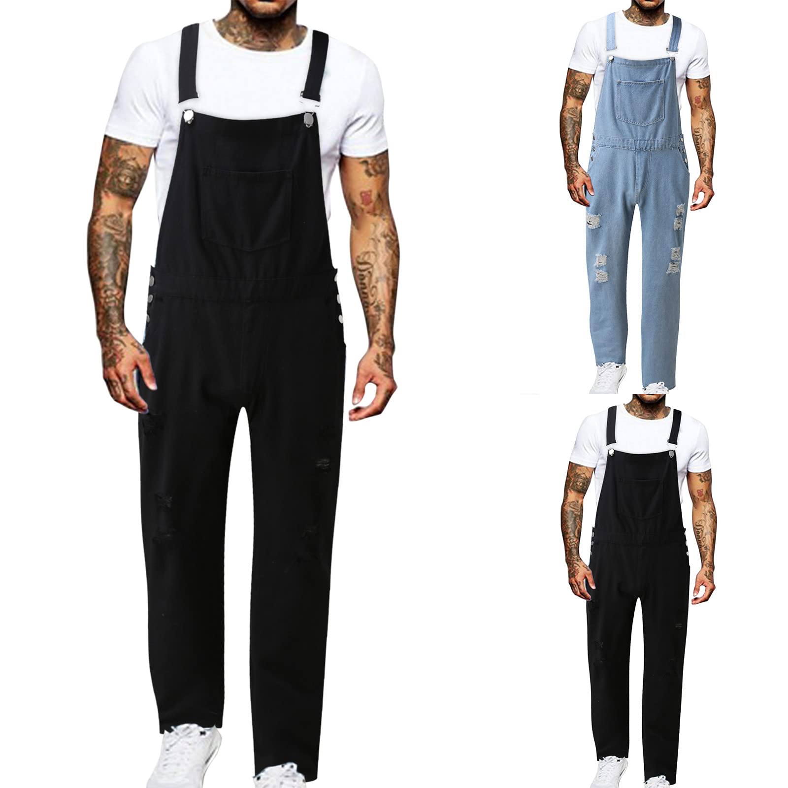 Bib Pants Hombre Denim Rasgado: Pantalones de Trabajo Resistente al Desgaste Mono Lavado Tirantes Ajustables, Pantalones de Jardín Agradables Con Bolsillos Prácticos Peto Para Trabajo Verano