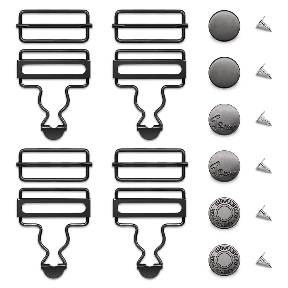 Jamsinmu Dungarees, button and buckle Set – 4+6PC Overalls Buckles Metal Adjustable Suspenders Clips with Suspender eyelets 25mm, Gun Black, 38mm*4
