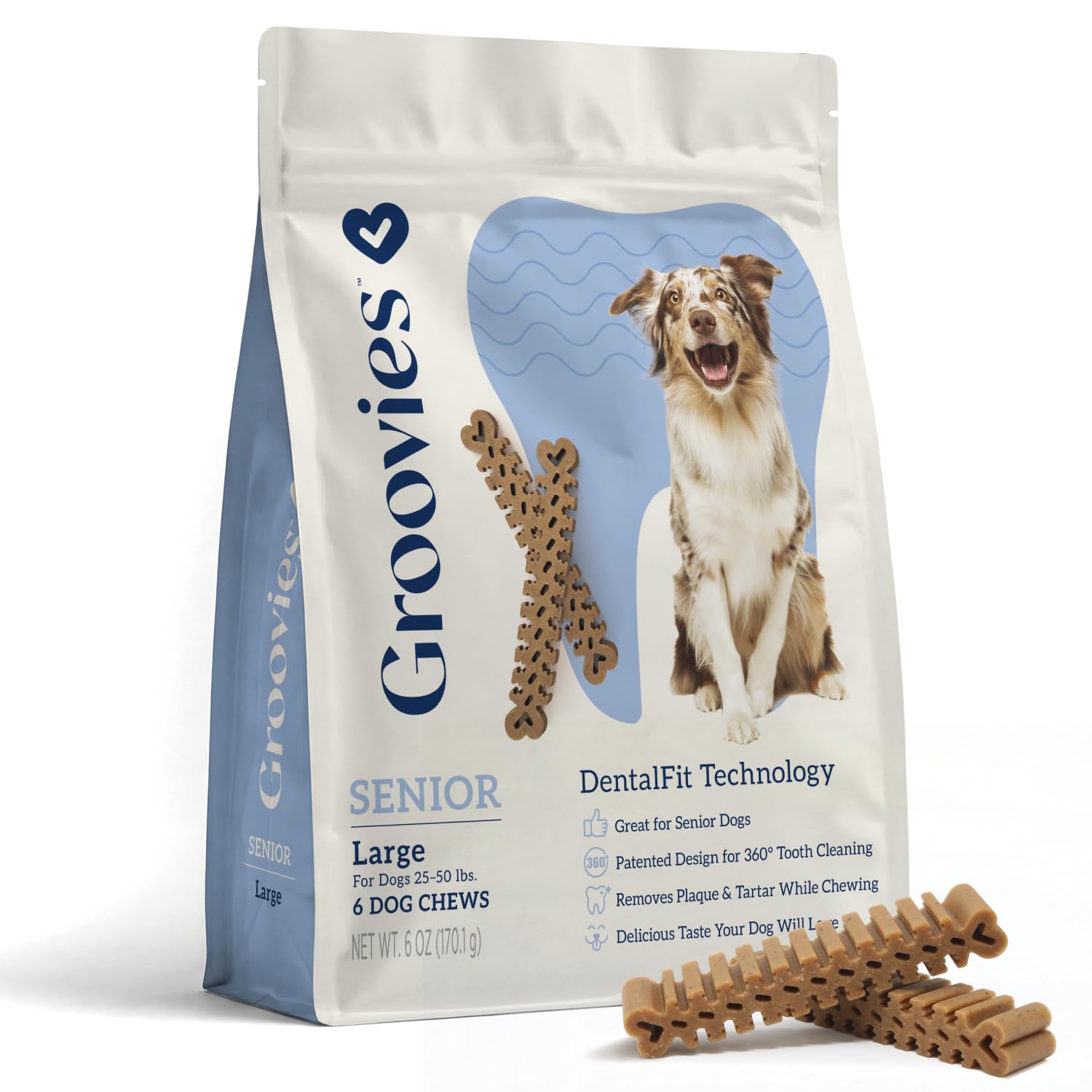 Groovies Per cani anziani e masticatori delicati. Masticare dentale con consistenza leggermente solida. Tecnologia DentalFit brevettata dagli Stati Uniti. Senza glutine o aromi o colori artificiali
