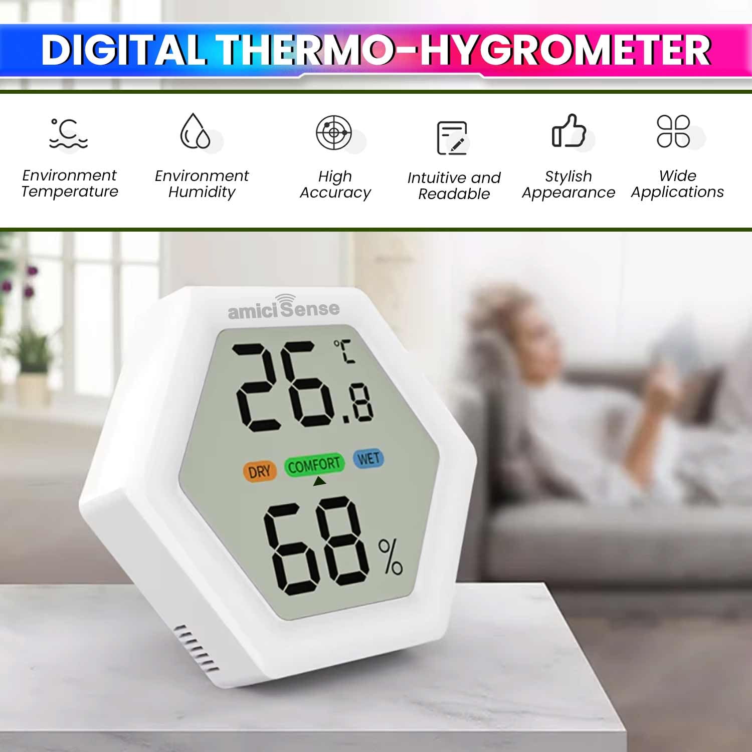 amiciSense Digital Hygrometer Thermometer, Temperature and Humidity Meter with 1.5 sec Fast Sampling and Large LCD Display - Image 2 thumbnail