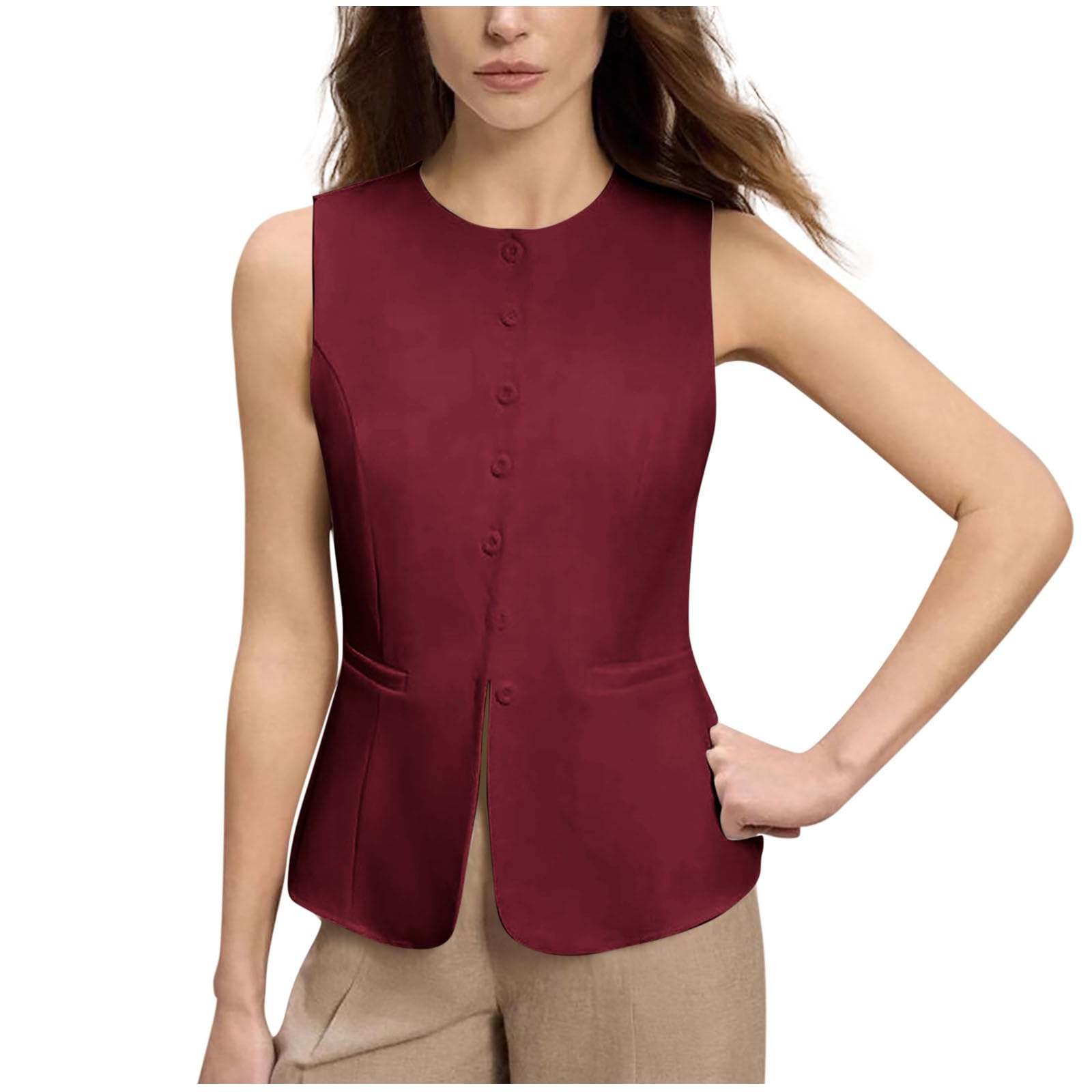 HGps8w Elegant Sleeveless Suit Vest for Women Button Down Tank Tops Split Hem Business Waistcoat Shirts Blouse