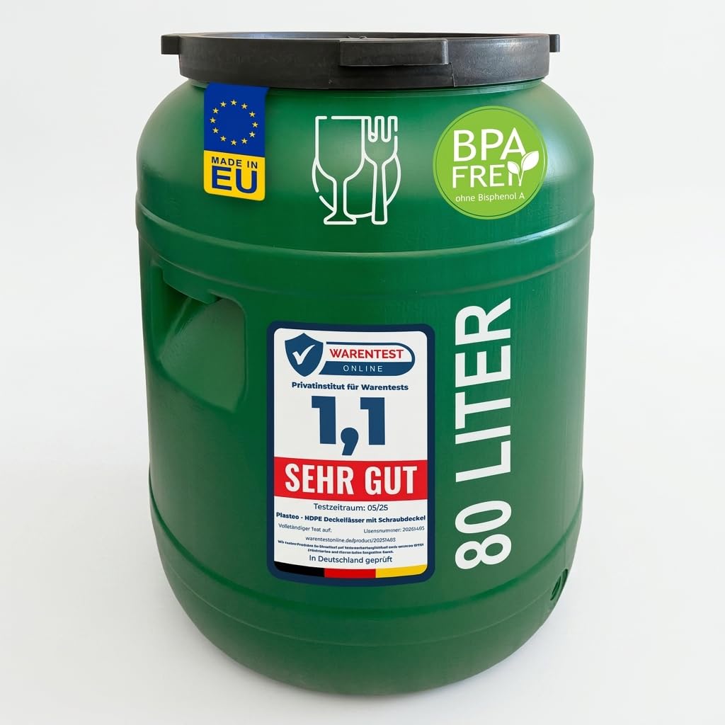 plasteo Fût à col large de 80 l avec couvercle de qualité alimentaire - Fût universel en polyéthylène haute densité avec bouchon à vis - Pour nourriture, stockage et transport - Vert - Rond