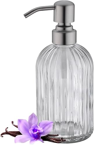 Dispensadores de jabón de vidrio para cocina y baño, botella de vidrio pesado de 16 onzas, bomba de níquel cepillado de acero inoxidable,