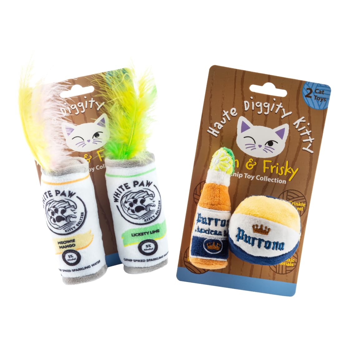 Haute Diggity Kitty White Paw Mango & Lime + Purrrona Beer Bottle & Ball Set, Plush Cat Toys Catnip Filled with Interactive Crackle Sound, Safe &