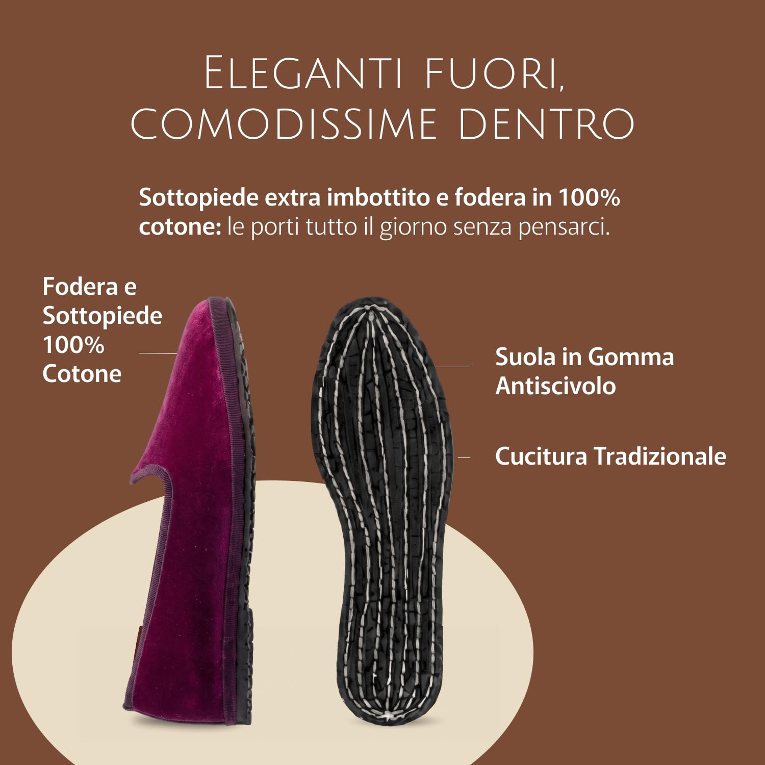 Friulane Donna in Velluto di Cotone, Fodera 100% Cotone, Sottopiede Imbottito, Suola Vera Gomma, Made in Friuli