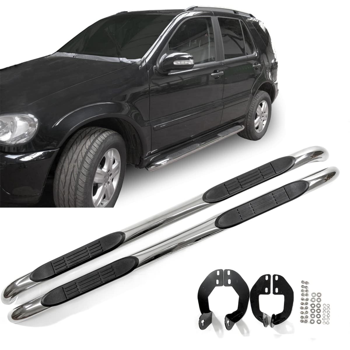 J&J AUTOMOTIVE Marche-Pieds Latéraux pour Mercedes Classe ML W163 1998-2005, Tubes de Protection, Lot de 2 Pcs (Gauche et Droite), Kit de Fixation Inclus
