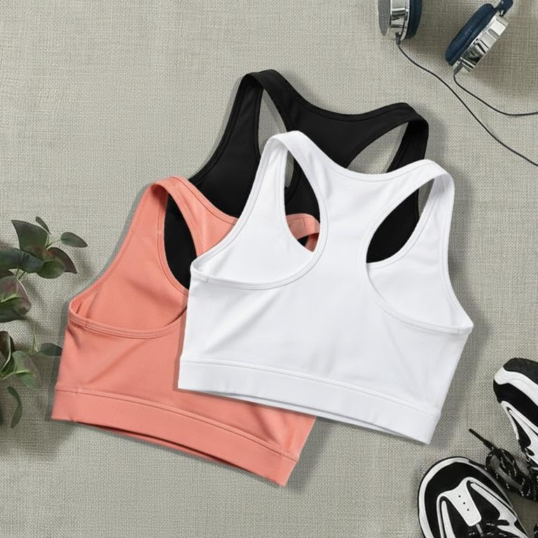 Image of BOLD & BEAUTY Women Cotton Blend Sports Bra with U-Neck, Racerback Style and Regular Straps for Workout, Yoga & Training (Pack of 3)