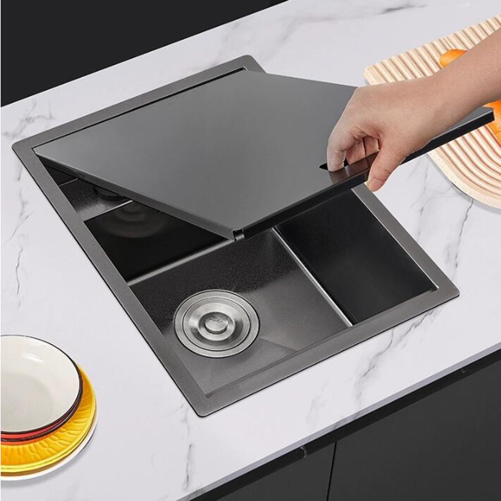 Lavello da Cucina Invisibile a Vasca Singola in Acciaio Inox con Coperchio Lavello da appoggio Compatto per drenaggio Lavaggio Verdure.Lavello salvaspazio per Piccoli spazi