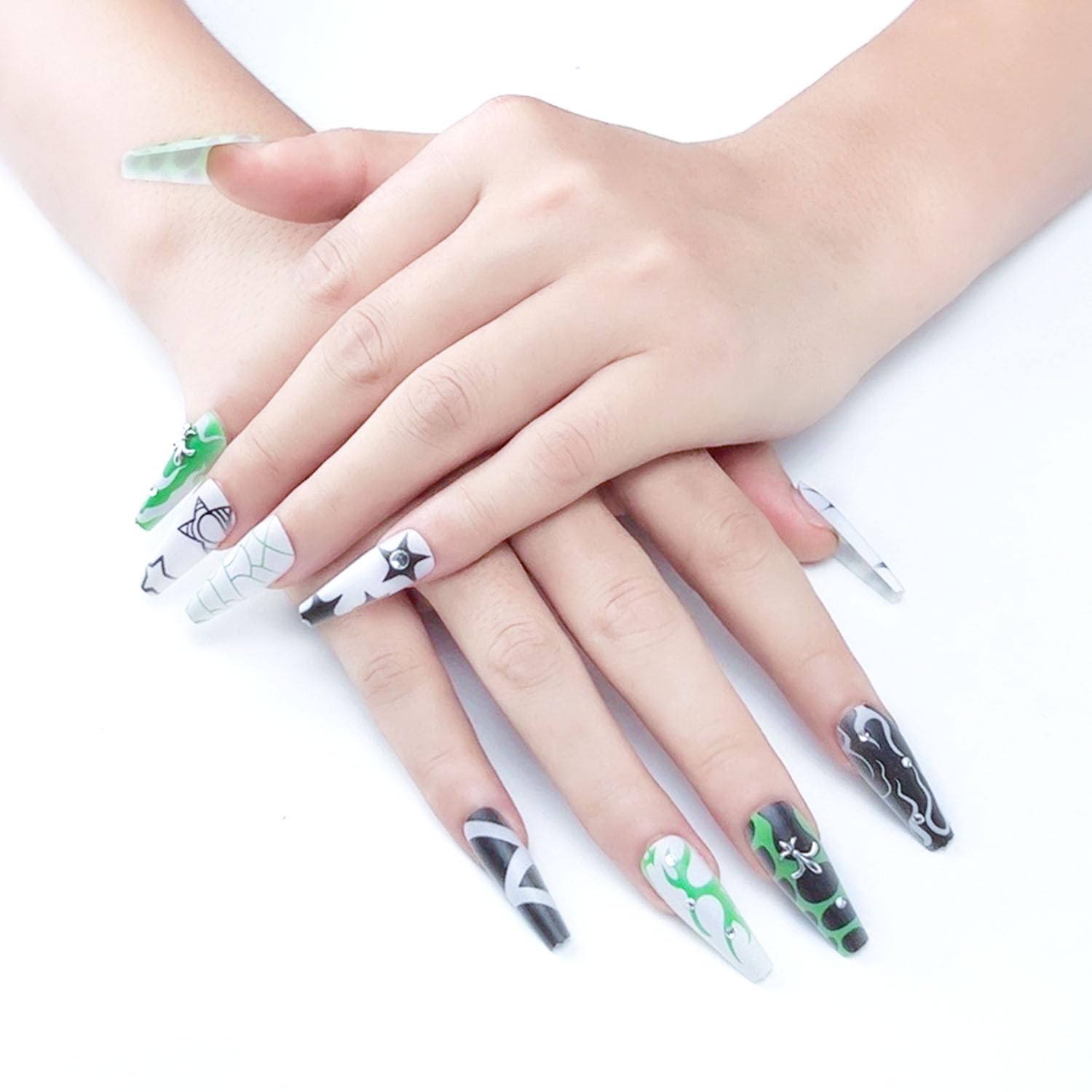 2024 New False Nails, Long Frosted Surface Inlaid with Diamond, Ins Style Light Luxury Press-on Nails, Dark Green iris Pattern Fake Nails for Women and Girls, Christmas gifts, 24 Pcs, Free Tool Kit Green 0.04 Fl Oz (Pack of 24)