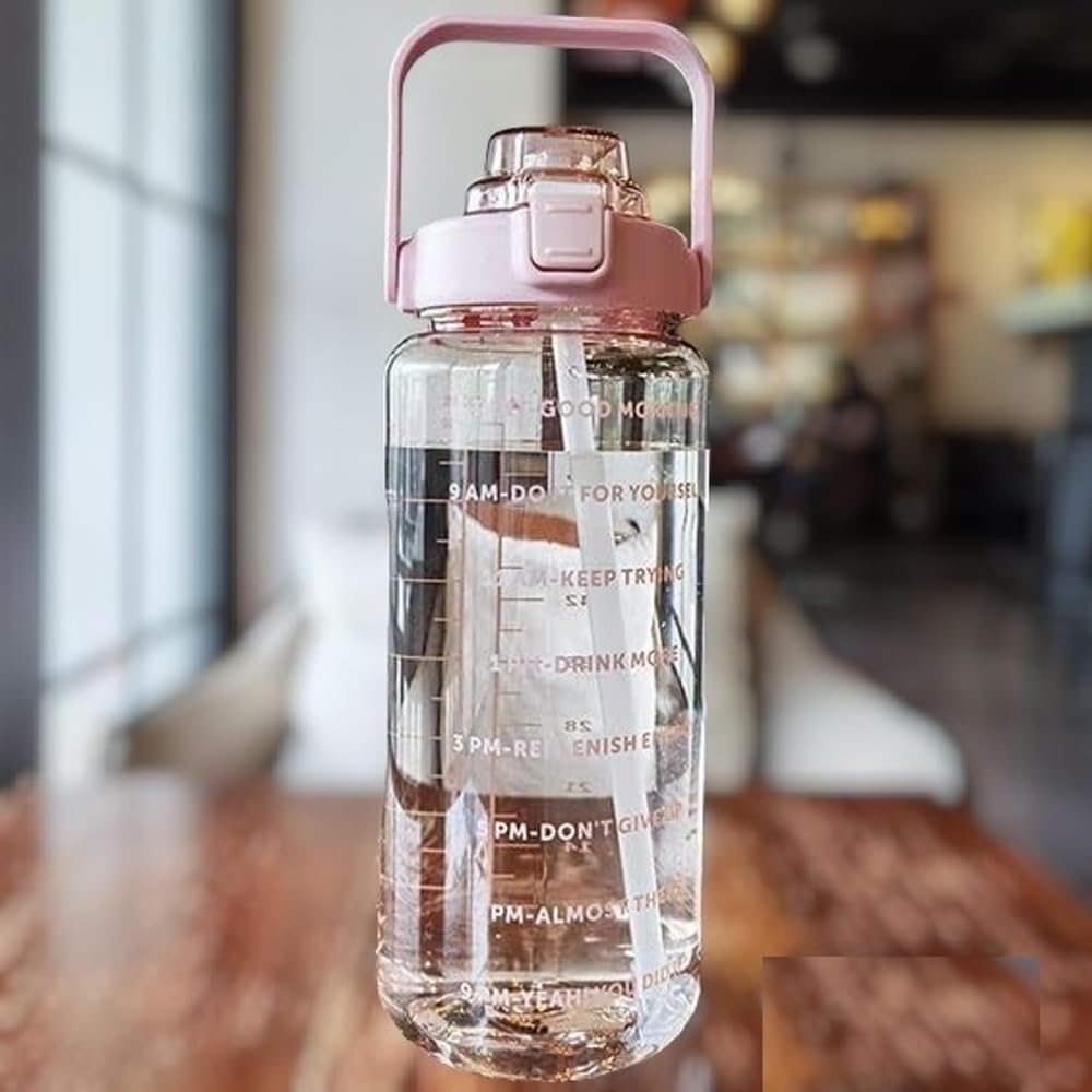 2 L Capacity Belt Straw Transparent Motivational Water Bottles with Time Marker Leak proof & break-proof for Office, School, College,Travel Bottle BPA-Free Sport Bottle (Multicolor)