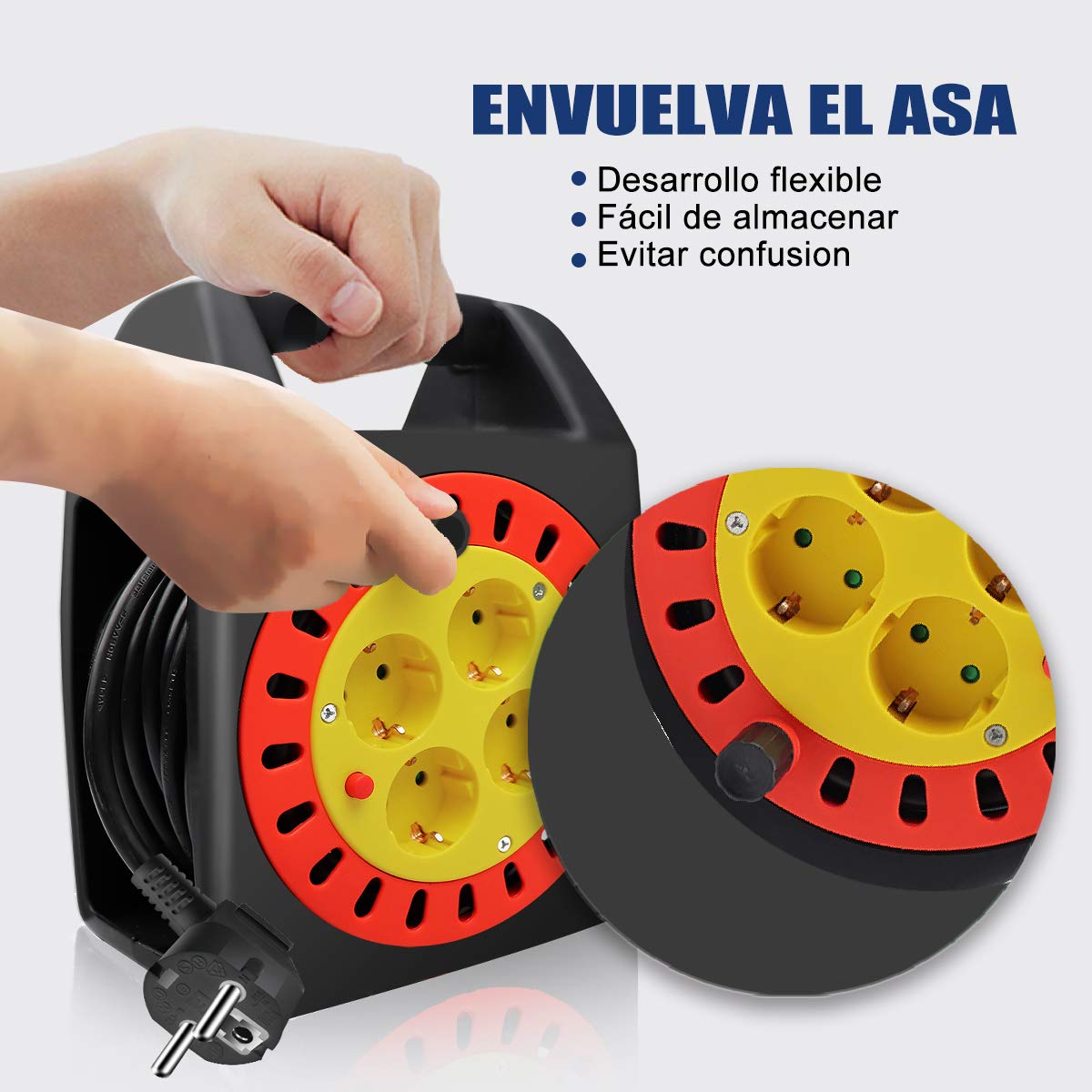 ExtraStar Cable de alimentación de bobina enrollable de 20 metros y 4 enchufes (2P+T) (20M) …