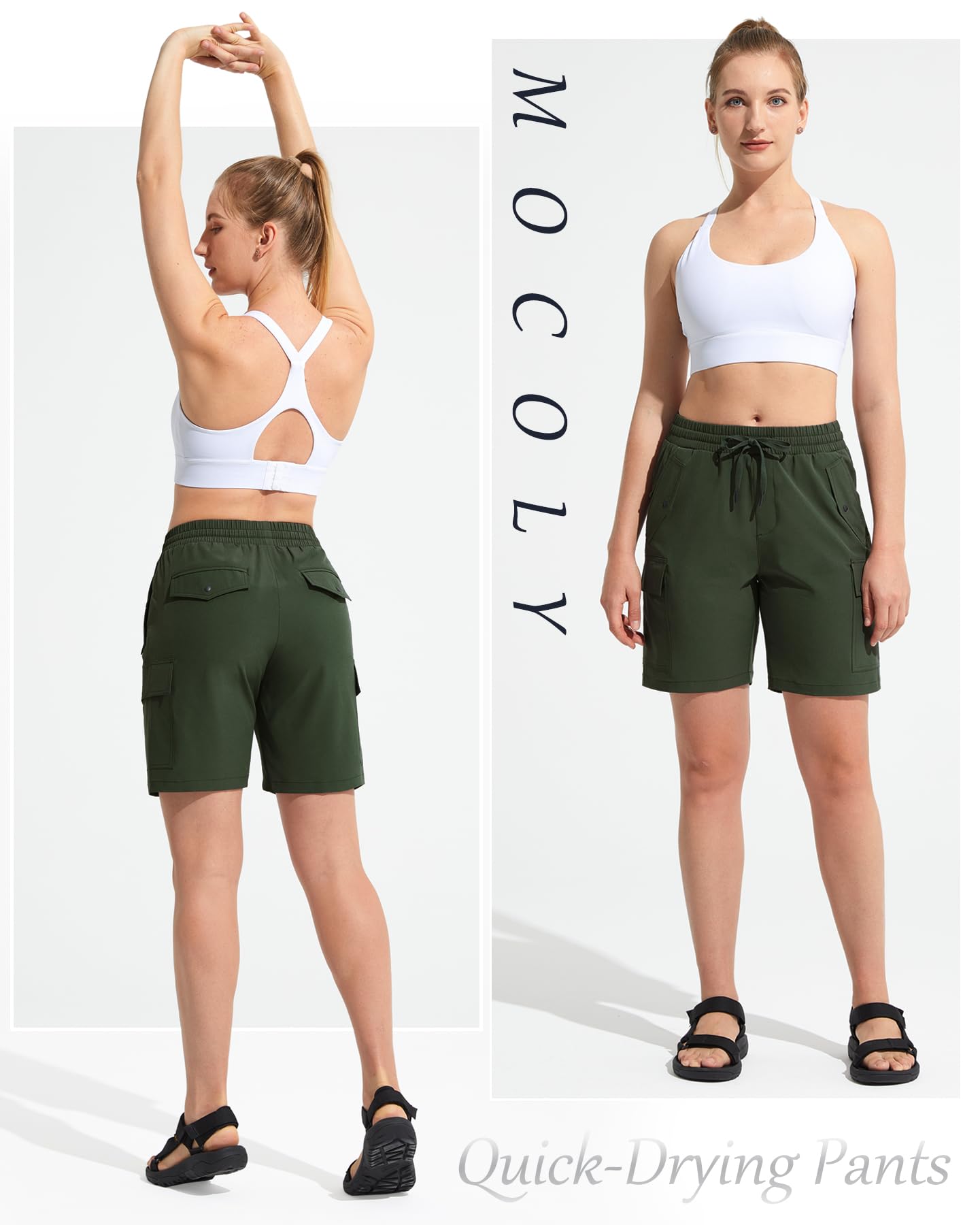 MOCOLY Damskie szorty cargo do wędrówek, szybkoschnące, krótkie, lekkie, letnie, z kieszeniami na zamek błyskawiczny, na trekking, podróże, golfa, kemping, sport